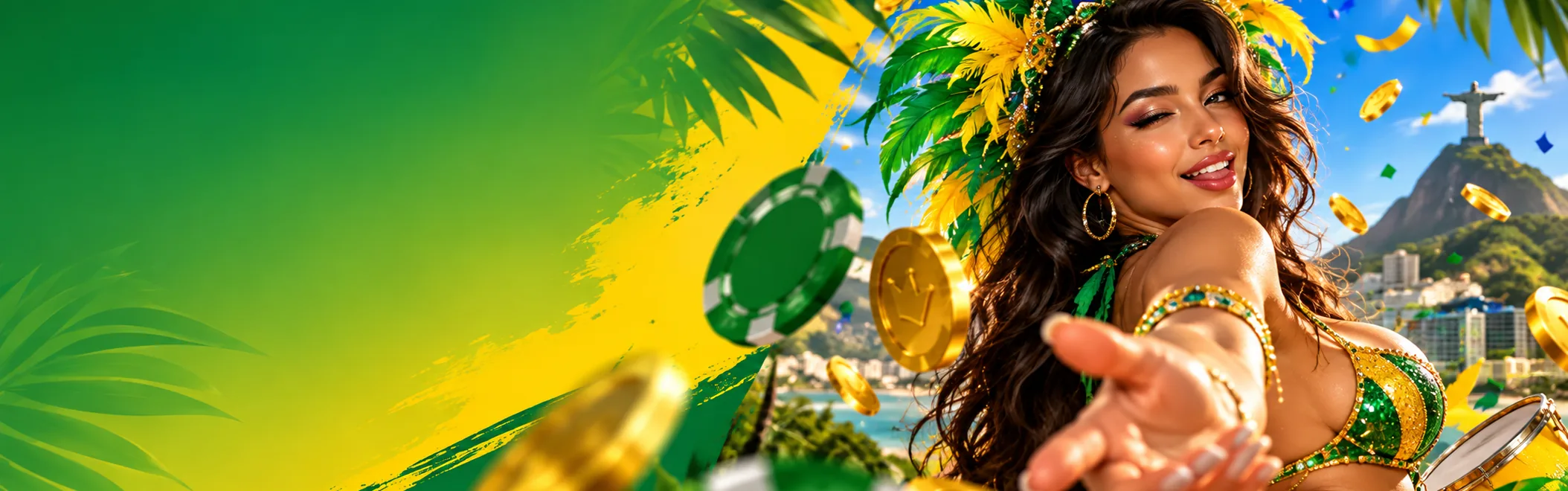Carnival dancer with Christ the Redeemer in the background, Glory Casino Brazil